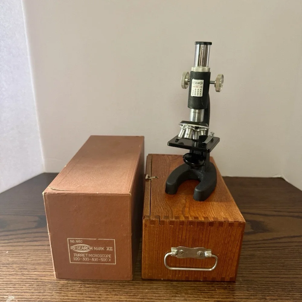 Vintage Research Mark XII No. 1930 Turret Microscope w/ Wood Case & Original Box